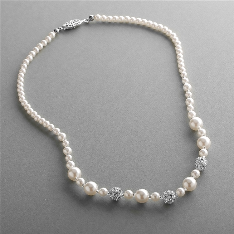 Dainty Wedding Necklace With Pearls & Rhinestone Fireballs - Ivory