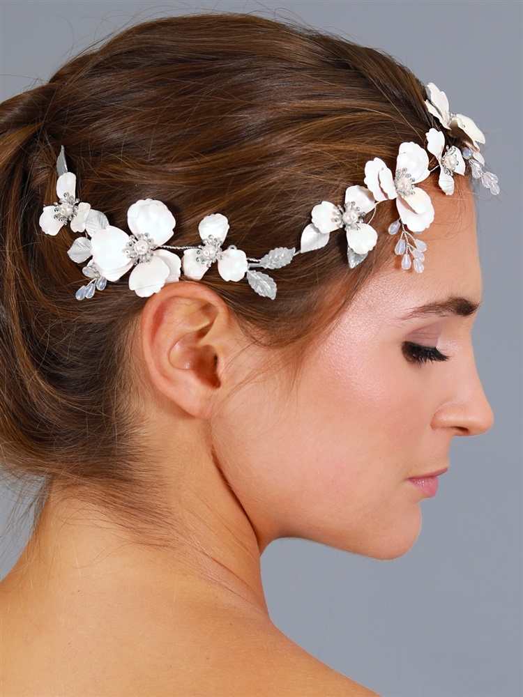 Bridal Hair Vine Headpiece With Ivory Enamel & Matte Silver Metal Flowers & Opal Crystals