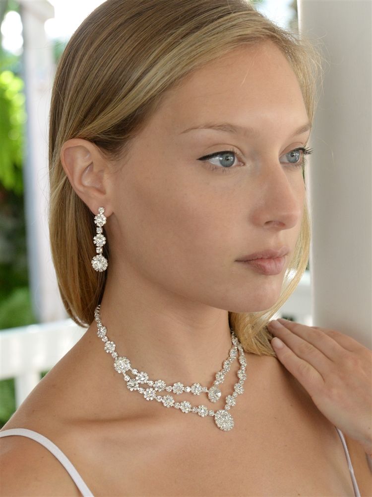 Regal Silver 2-Row Rhinestone Necklace & Earrings Set