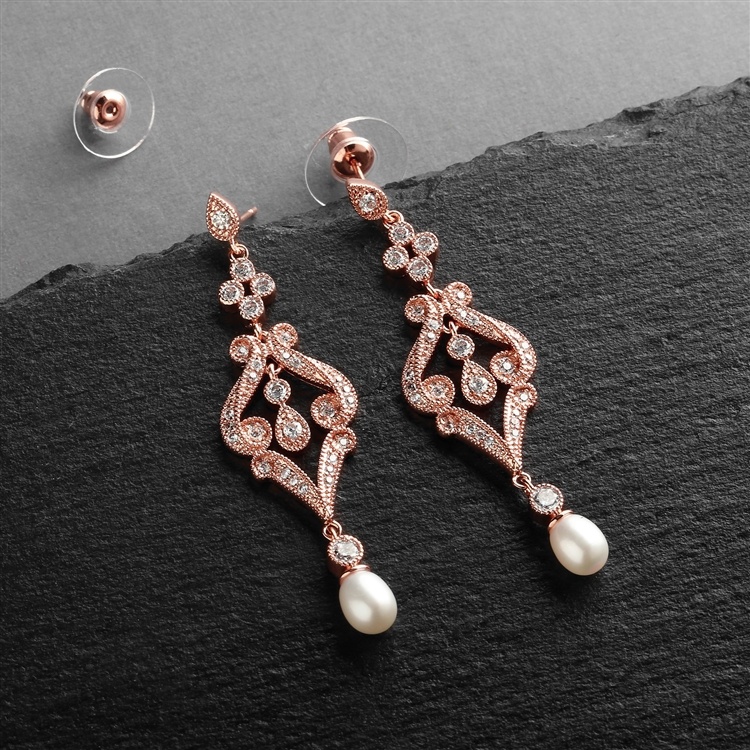 Rose Gold Cz Scroll Earrings With Freshwater Pearl