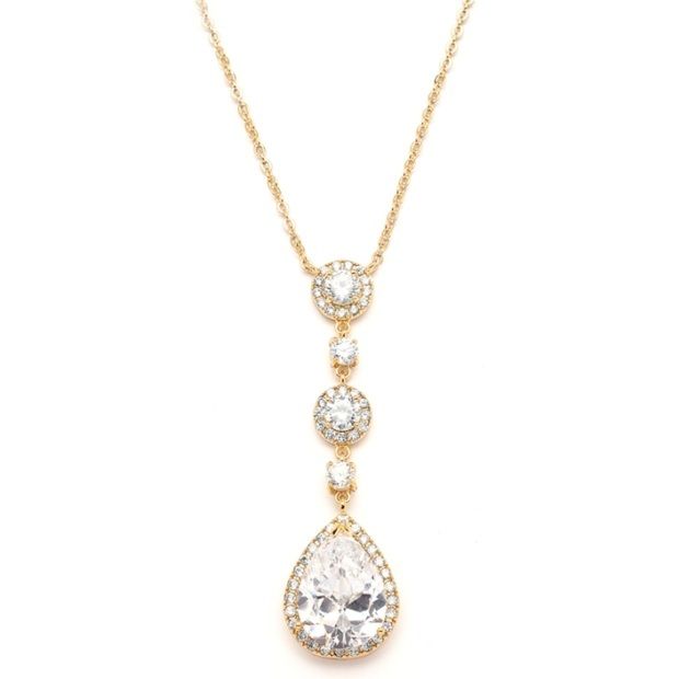 Gold Bridal Necklace With Pear-Shaped Cz Drop