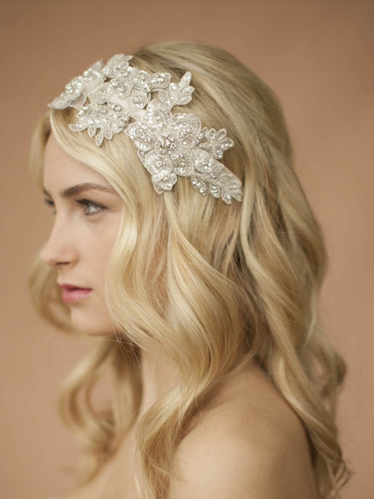 Sculptured Ivory Lace Wedding Headband With Crystals & Beads