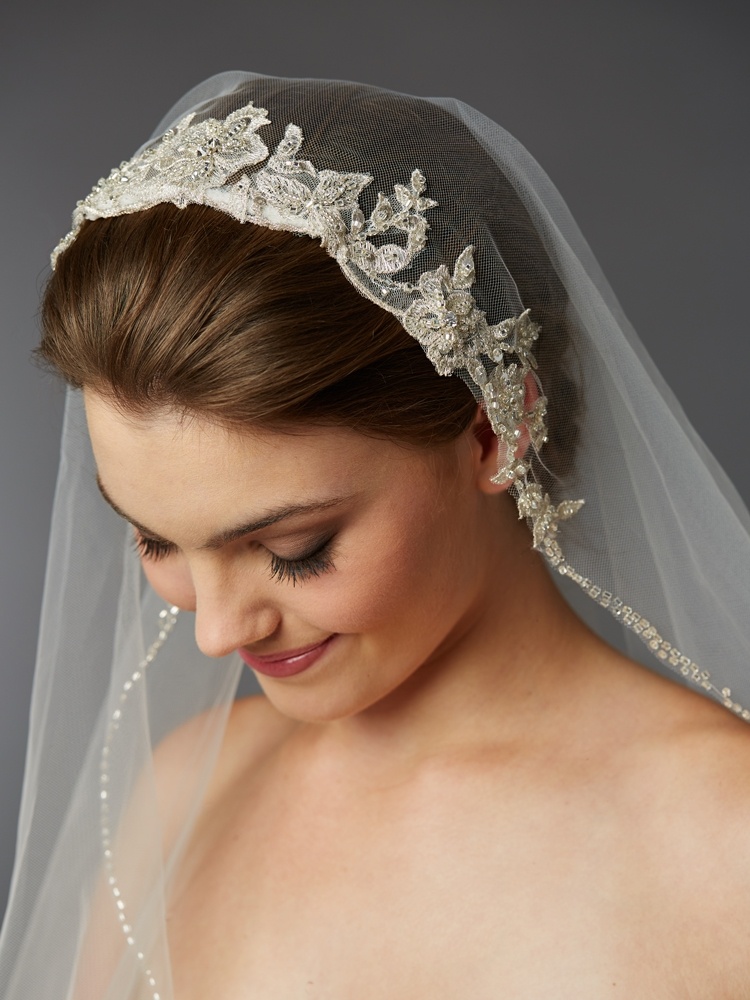 Regal 36" Fingertip Bridal Veil With Sparkling Beaded Edge And Unique Lace Applique Headpiece