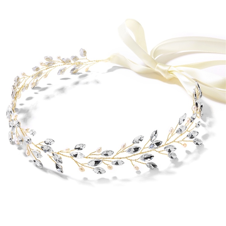 Handmade Gold Vine Headband With Crystals & Freshwater Pearls - Ivory Ribbon