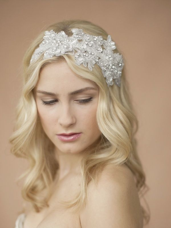 Sculptured White Lace Wedding Headband With Crystals & Beads
