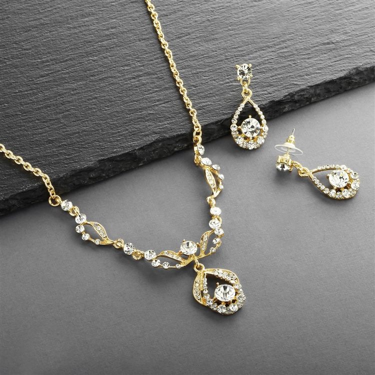 14K Gold Vintage-Style Crystal Necklace And Earrings Set