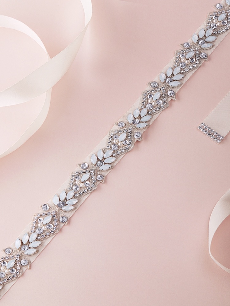Silver Applique Bridal Belt With White Opals, Ivory Pearls & Austrian Crystal With Ivory Ribbon