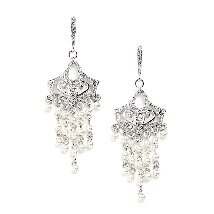 Vintage Pearl Chandelier Wedding Earrings With Cubic Zirconia Encrusted French Wires