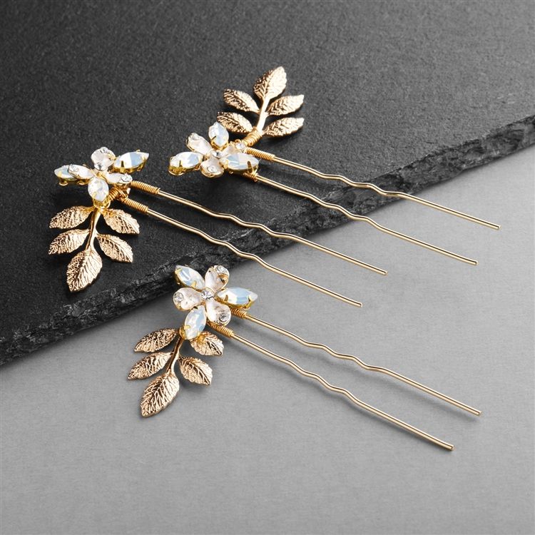 Set Of 3 Bridal Hair Pins With Gold Leaves, Opal Crystals & Hand Painted Enamel