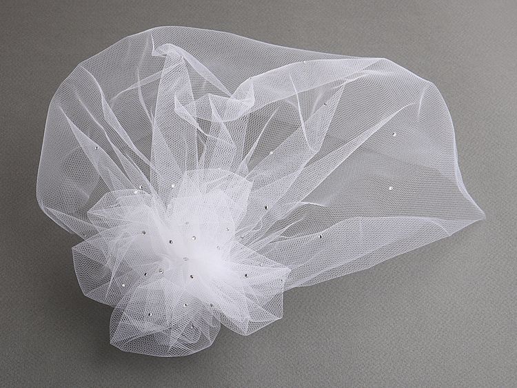 White Tulle Birdcage Veil With Side Pouf & Swarovski Crystals