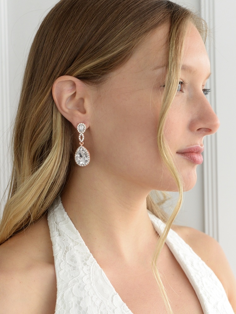 Rose Gold Crystal Teardrop Earrings With Braided Top