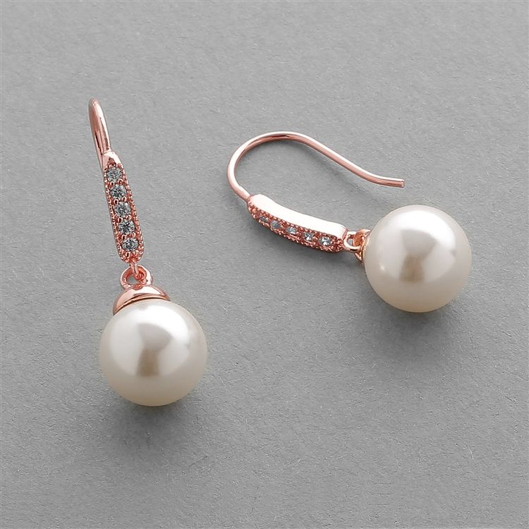 Vintage French Wire Bridal Earrings With Ivory Pearl Drops And 14K Rose Gold Plated Cz Accents