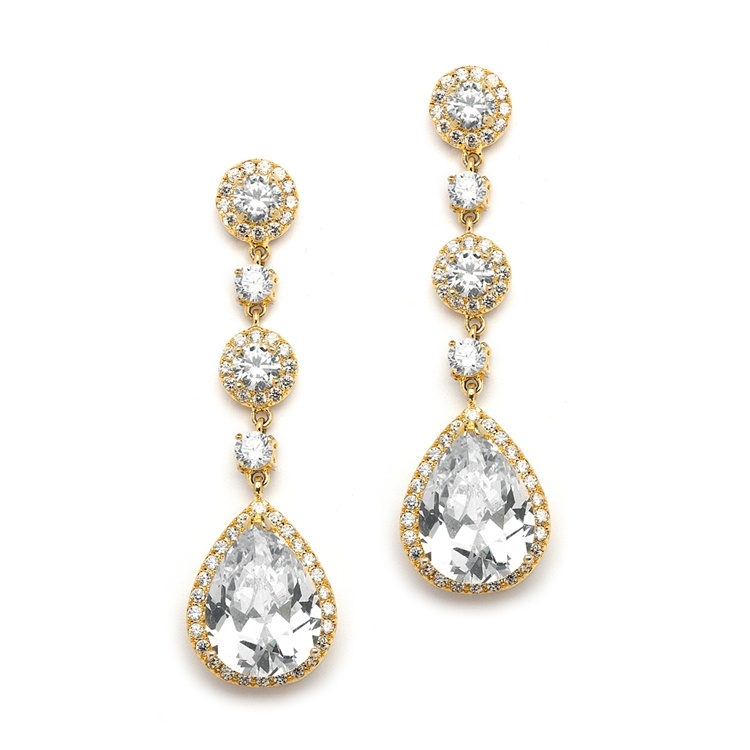 Gold Pear-Shaped Drop Bridal Earrings With Pave Cz