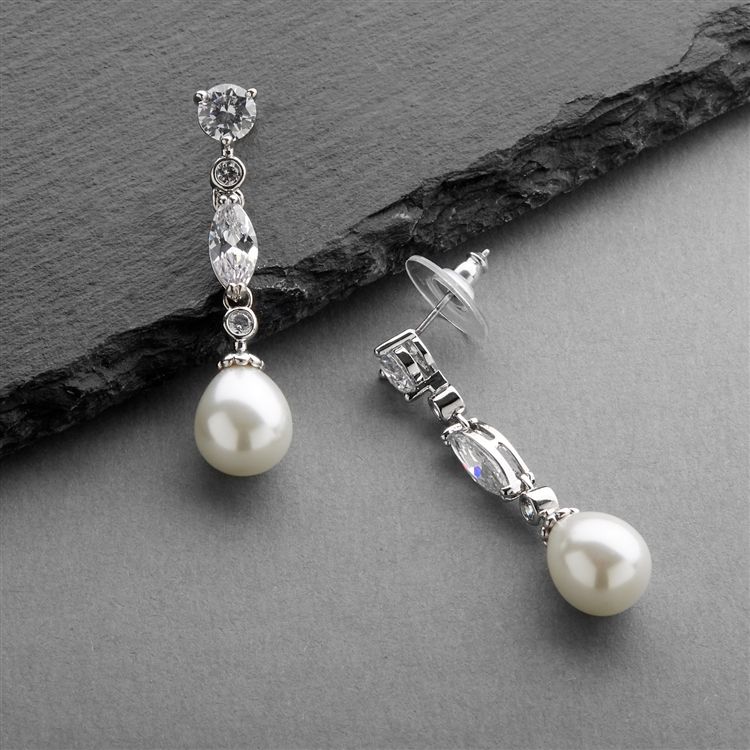 Linear Cz And Pearl Wedding Earrings