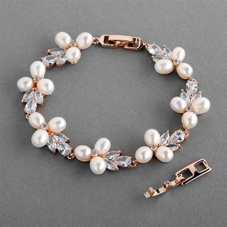 Petite Length 6 5/8" Genuine Freshwater Pearl & Rose Gold Bridal Bracelet With Extender