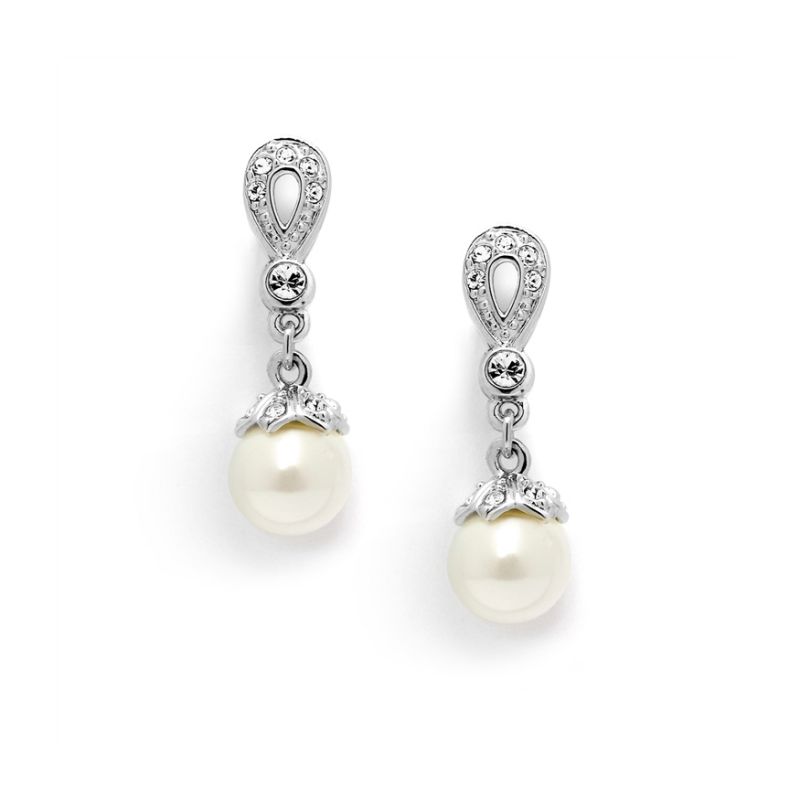 Silver Vintage Cz Pave Bridal Earrings With Pearl Drop
