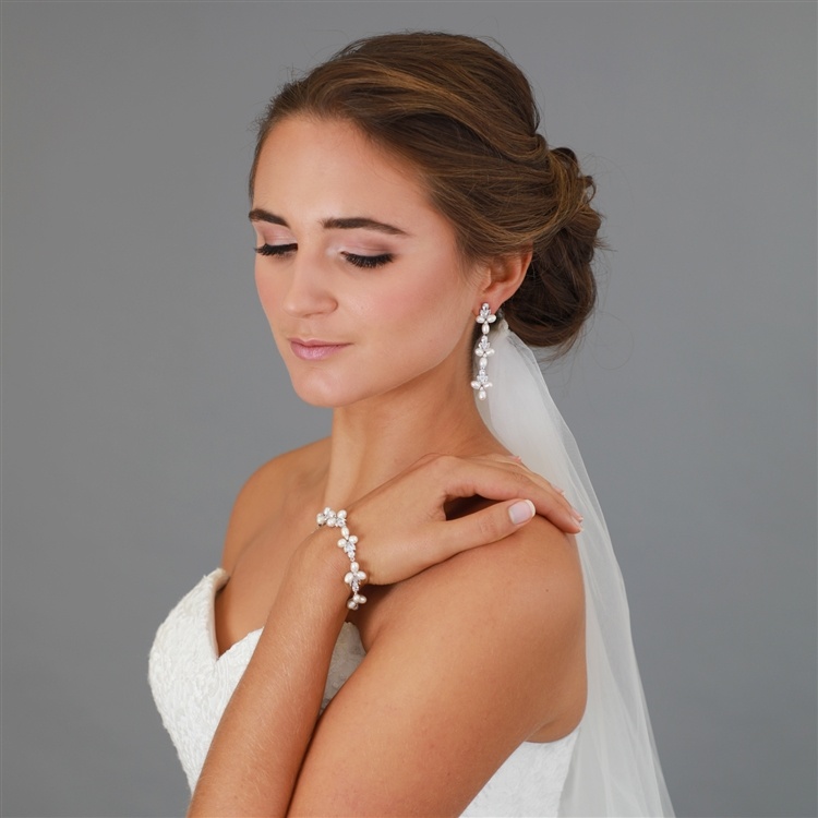 Genuine Freshwater Pearls And Cz Linear Dangle Bridal Earrings In Platinum Plating