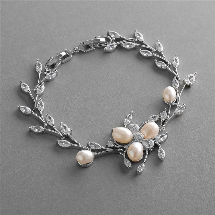 Freshwater Pearl Wedding Bracelet With Cz Leaves