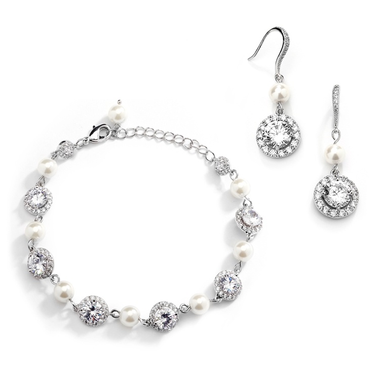 Ivory Pearl And Cubic Zirconia Bridal Bracelet And Earrings Set
