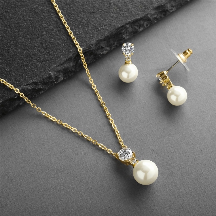 14K Gold Pearl Drop Necklace Set With Round Cz