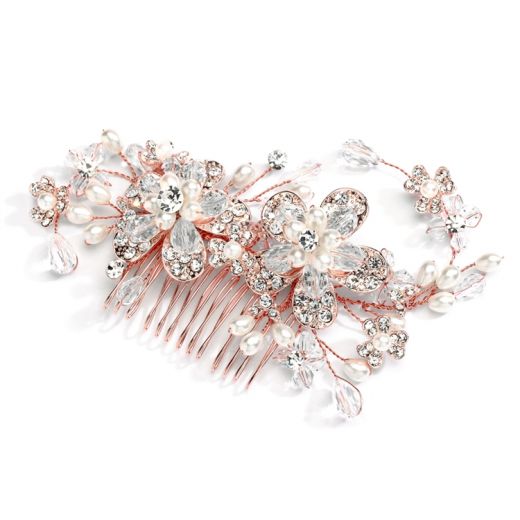 Fabulous Rose Gold Wedding Hair Comb with Pearl and Crystal Sprays