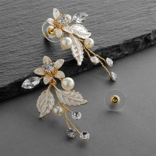 Gold Vine Earrings With Crystals, Matte Silvery Leaves & Ivory Pearls