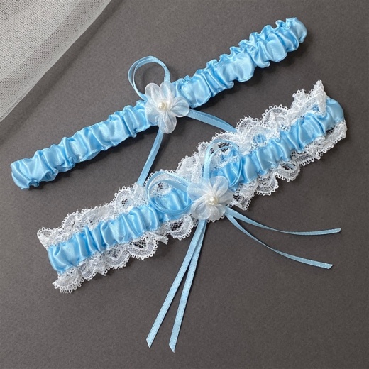 Something Blue Wedding Garter Set With Ivory Lace & Blue Satin
