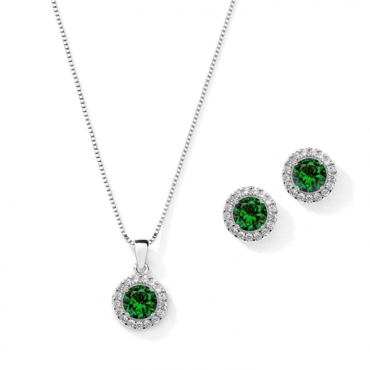Cubic Zirconia Round Shape Halo Necklace And Stud Earrings Set - Emerald