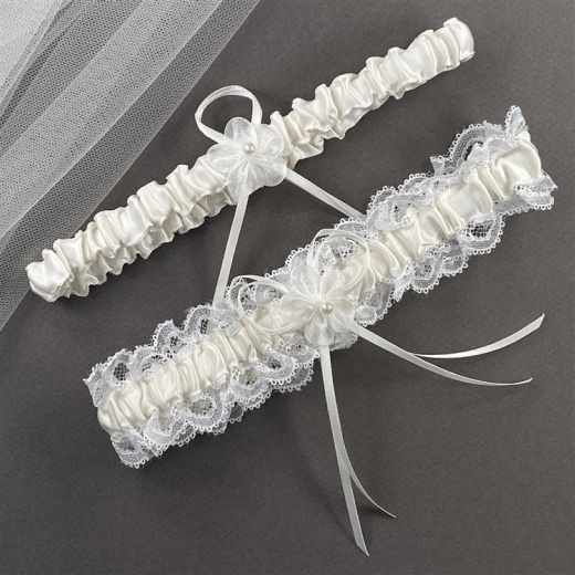 Ivory Lace Vintage Wedding Garter Set With Satin Ribbon
