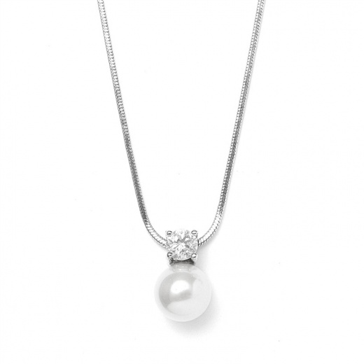 Soft Creme 10Mm Pearl & Cz Solitaire Bridal Necklace Pendant