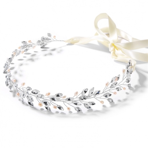 Silver Jeweled Vine Headband With Crystals, Freshwater Pearls And Ivory Ribbon