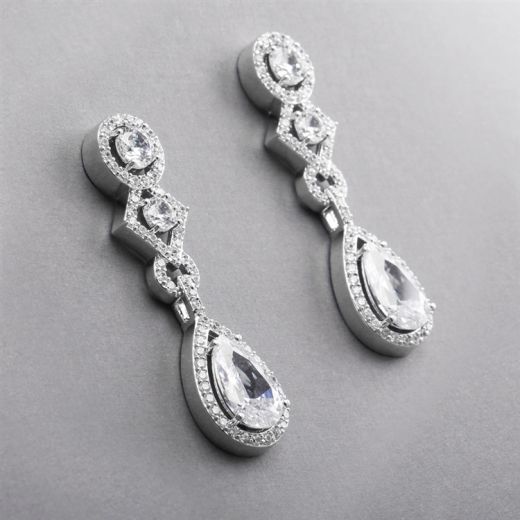 Cz Clip-On Wedding Earrings With Pear Dangle