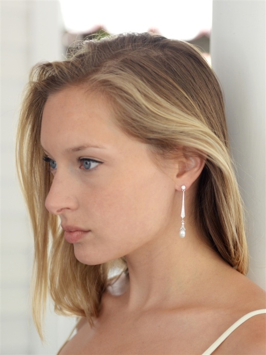 Vintage Wedding Linear Cz Dangle Earrings With Freshwater Pearls