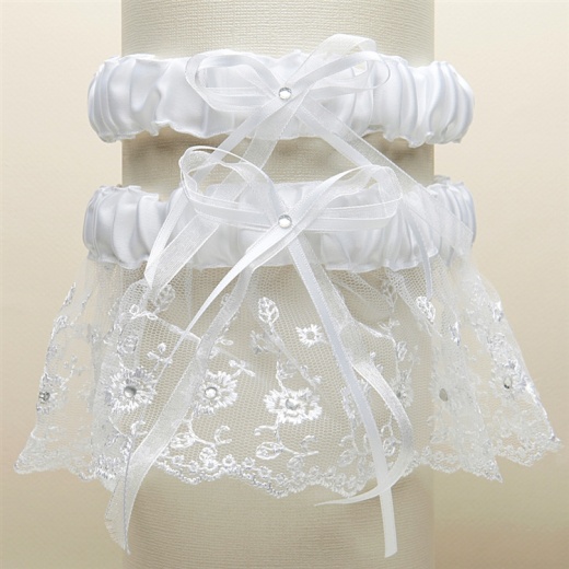 Embroidered Wedding Garter Sets With Scattered Crystals - White