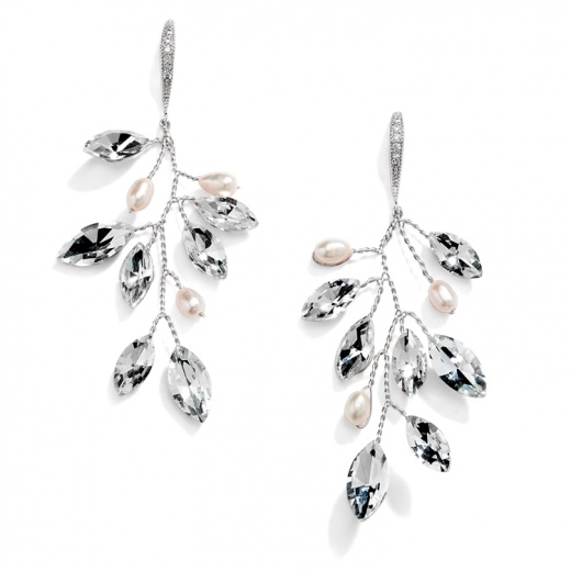 Silver Vine Bridal Earrings With Crystals & Freshwater Pearls