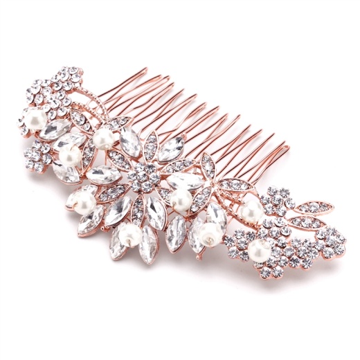 Rose Gold Hair Comb with Pearls, Crystals & Lucite Sunburst for Wedding or Prom
