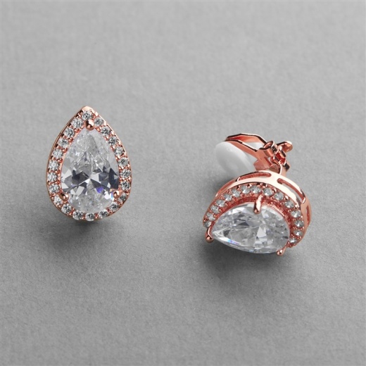 Rose Gold Cz Pear-Shape Wedding Clip-On Earrings
