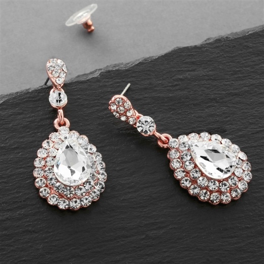Prom or Bridesmaids Rose Gold Teardrop Statement Earrings with Crystal Accents
