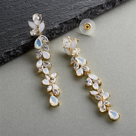 Cubic Zirconia And Opal Long Statement Gold Wedding Dangle Earrings