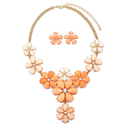 Tangerine Peach Flower Power Statement Necklace Set