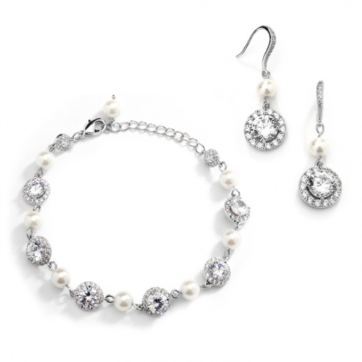 Ivory Pearl and Cubic Zirconia Bridal Bracelet and Earrings Set