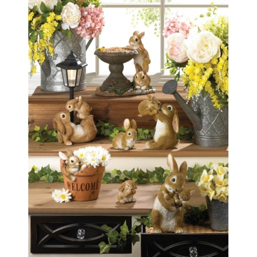 Playful Mom and Baby Rabbit Figurine