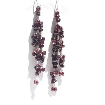 Sterling Silver Red Garnet Long Dangle Earrings