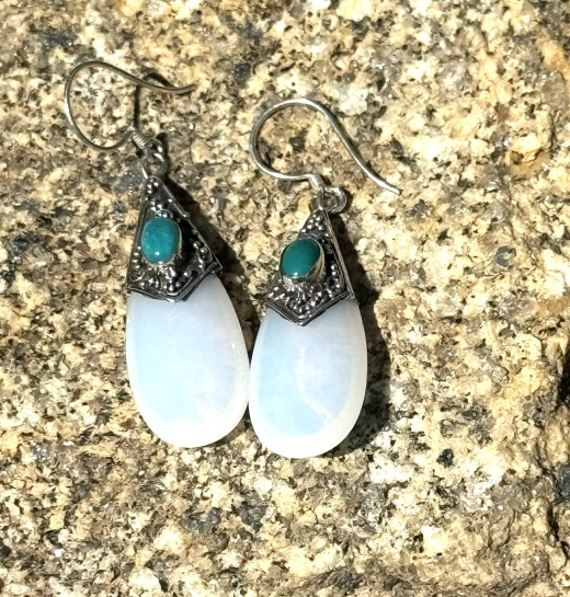 Sterling Silver Simulated Moonstone and Turquoise Teardrop Earrings