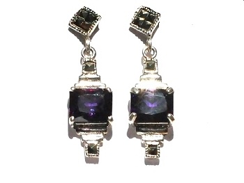 Sterling Silver Genuine Amethyst Cubic Zirconia & Marcasite Earrings