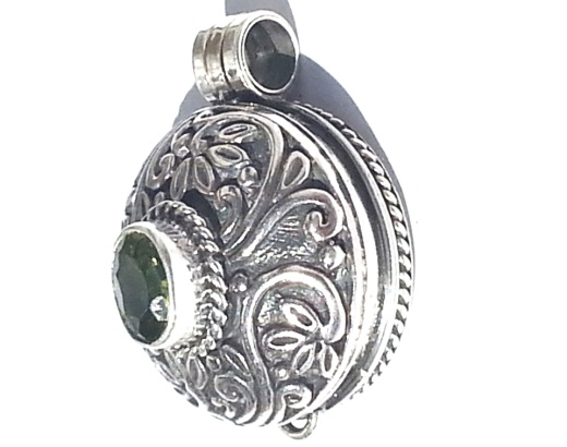 925 Sterling Silver Balinese Round Prayer Box Pendant with CZ Peridot