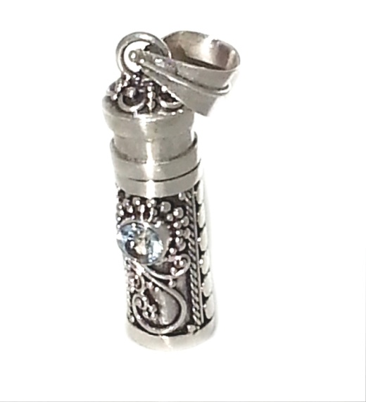 Sterling Silver Cylinder Prayer Box Pendant with Blue Topaz