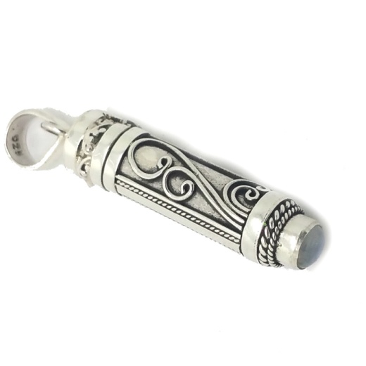 Sterling Silver Cylinder Balinese Prayer Box with Simulated Rainbow Moonstone