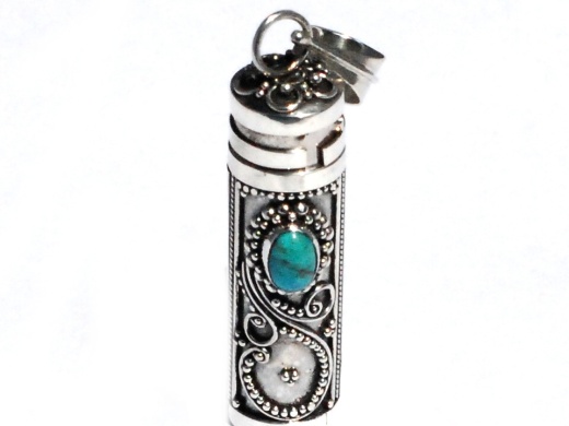 Sterling Silver Cylinder Prayer Box Pendant with Treated Turquoise