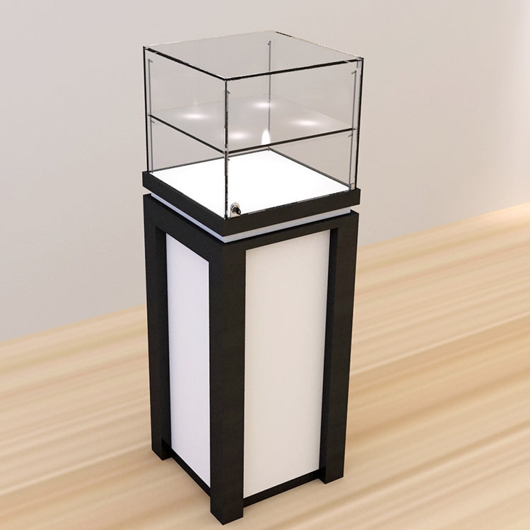 Dark And White Wood With Tempered Glass Pedestal Showcase - 20" X 20" X 59"